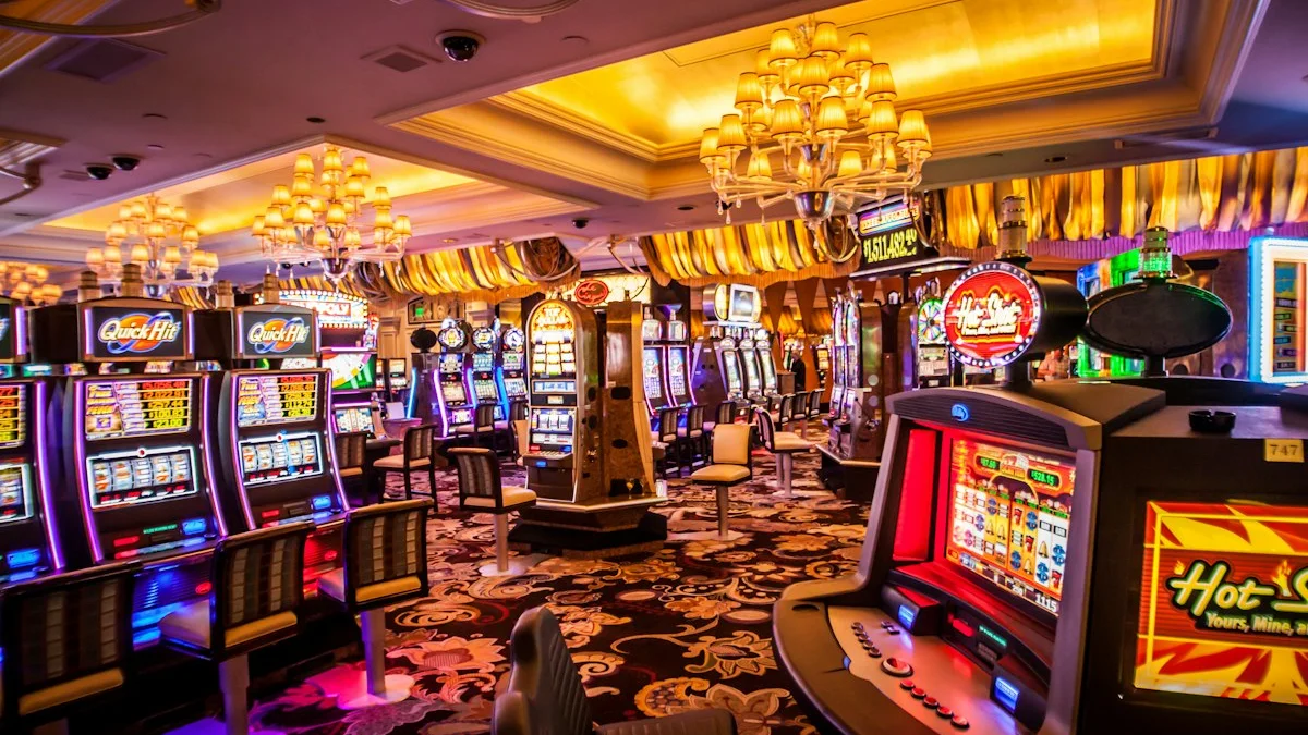 Deretan mesin slot modern dengan layar digital berwarna di lantai kasino sebagai perbandingan slot klasik dan video slot