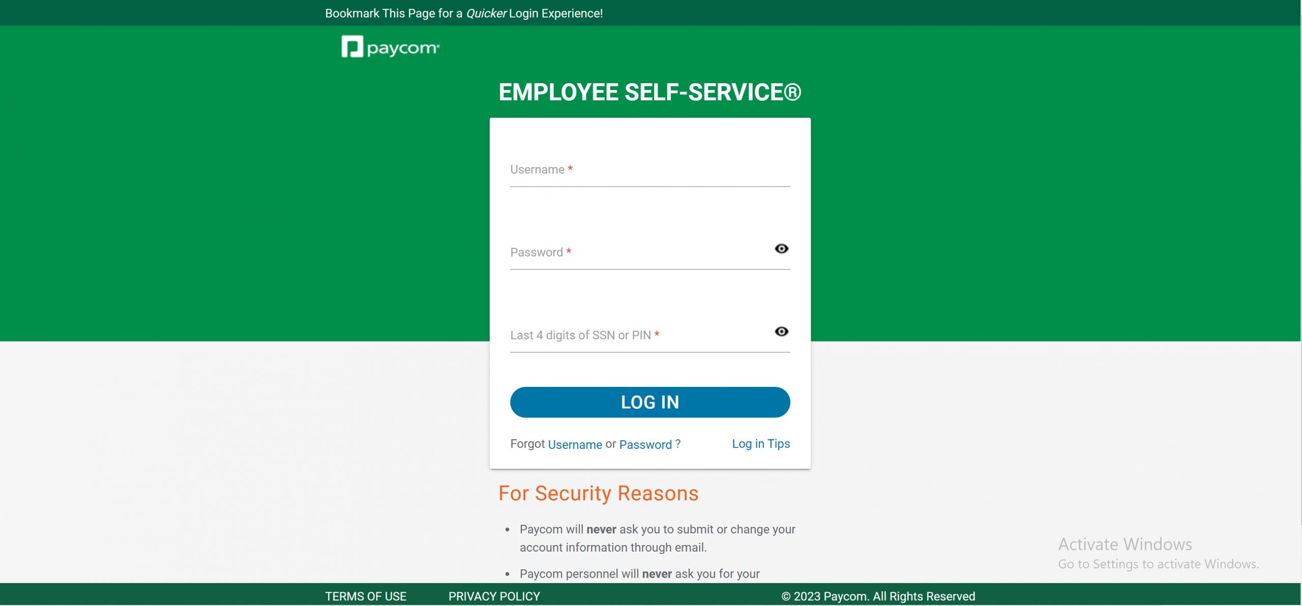 Login for Paycom Employee Self-Service